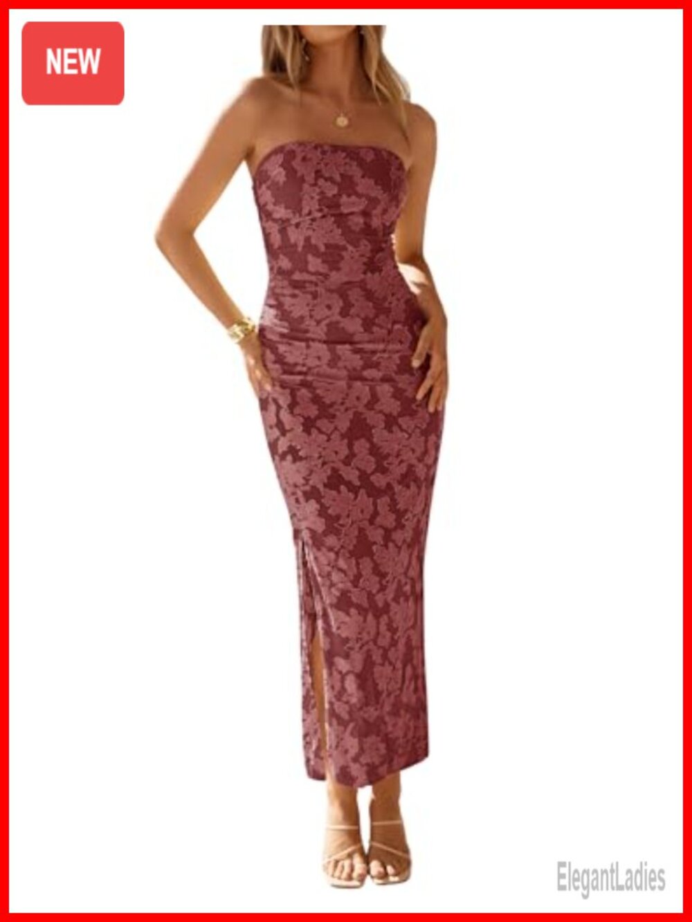 ZESICA Floral Strapless Bodycon Maxi Dress with Slit